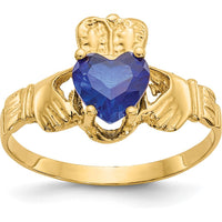 10K Yellow Gold September Birthstone Claddagh Ring with Heart-Shaped Sapphire