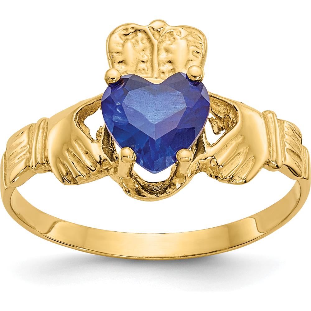 10K Yellow Gold September Birthstone Claddagh Ring with Heart-Shaped Sapphire
