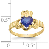 10K Yellow Gold September Birthstone Claddagh Ring with Heart-Shaped Sapphire
