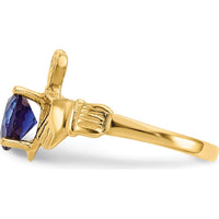 10K Yellow Gold September Birthstone Claddagh Ring with Heart-Shaped Sapphire