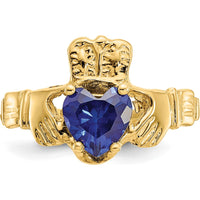 10K Yellow Gold September Birthstone Claddagh Ring with Heart-Shaped Sapphire