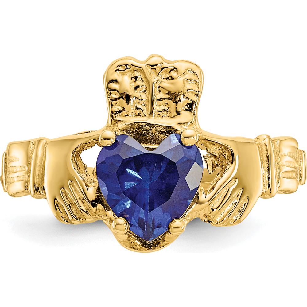 10K Yellow Gold September Birthstone Claddagh Ring with Heart-Shaped Sapphire