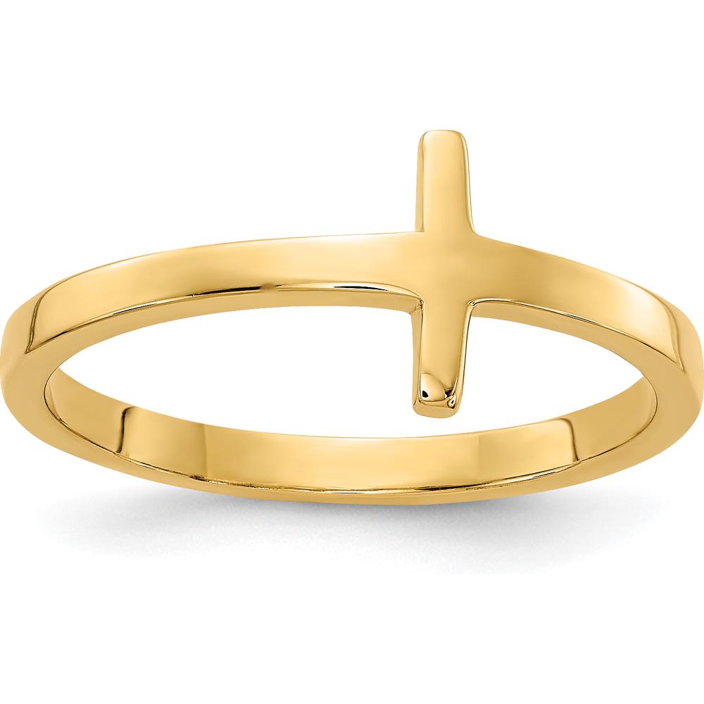 10K Yellow Gold Sideways Cross Ring - Faith Symbol with Polished Finish