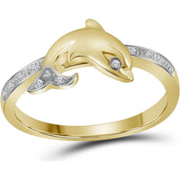 10K Yellow Gold Slender Dolphin Motif Ring with Round Bead-Set Diamonds - 1/20 Carat Total Diamond Weight