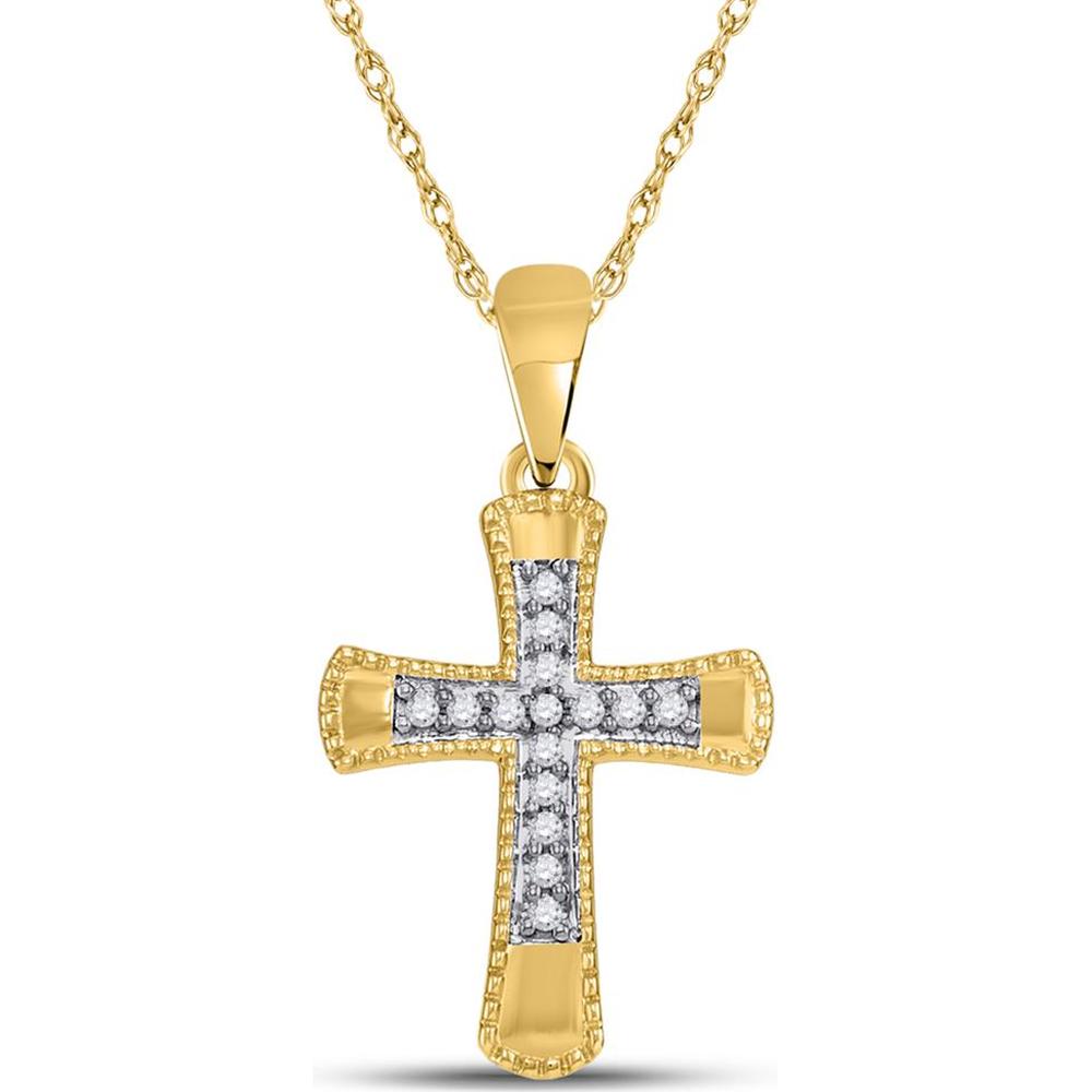 10K Yellow Gold Small Flared Cross Pendant with Pavé-Set Round Diamonds - 0.10 Carat Total Diamond Weight