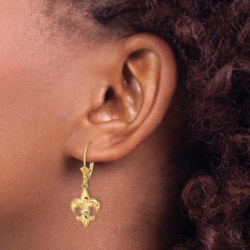 10K Yellow Gold Small Fleur-de-Lis Drop Leverback Earrings