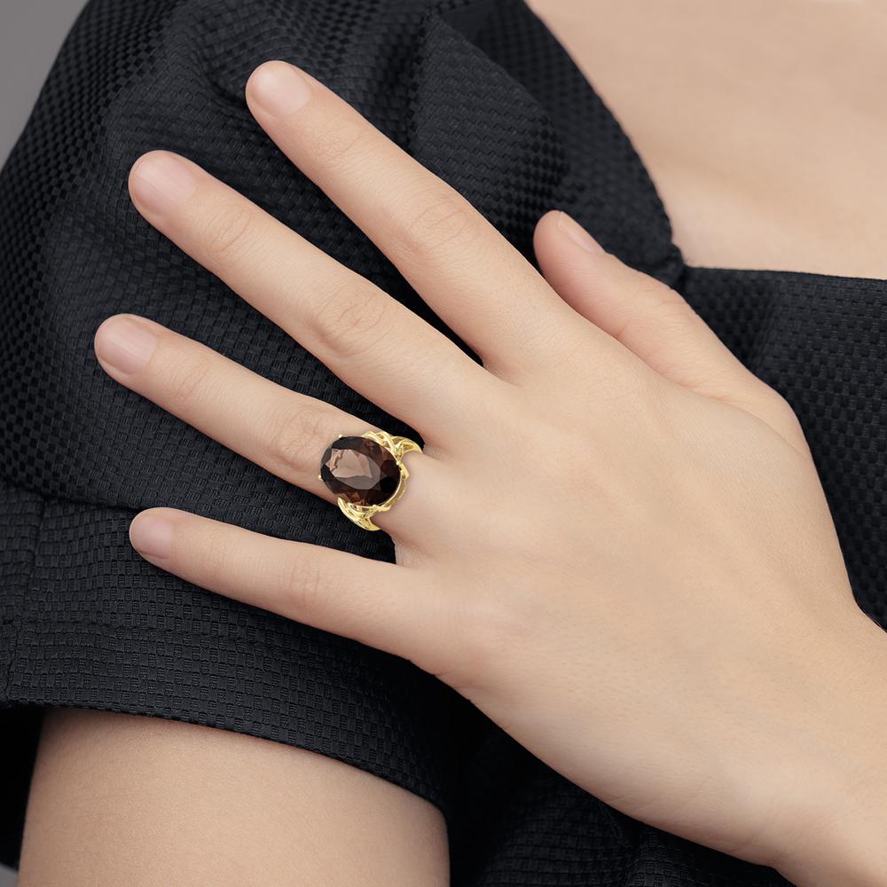10K Yellow Gold Smoky Quartz Oval Ring - 12.30 Carat Total Smoky Quartz Weight