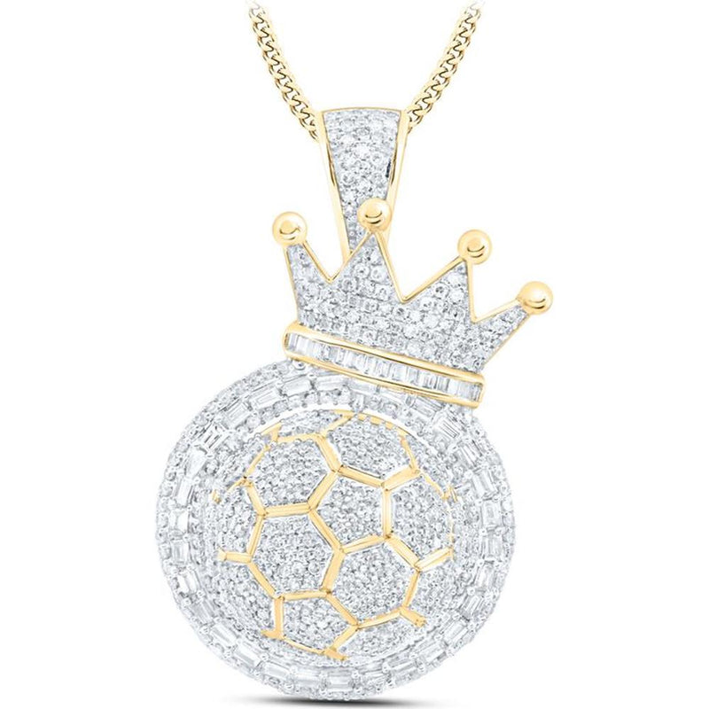 10K Yellow Gold Soccer Ball Crown Pendant with 2.14 Carat Round Diamonds and 0.59 Carat Baguette Diamonds - 2.75 Carat Total Diamond Weight
