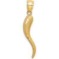 10K Yellow Gold Solid Diamond-Cut Italian Horn Pendant - 30mm Length