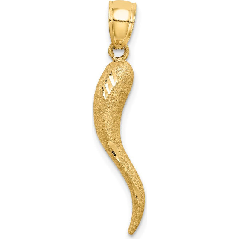 10K Yellow Gold Solid Diamond-Cut Italian Horn Pendant - 30mm Length