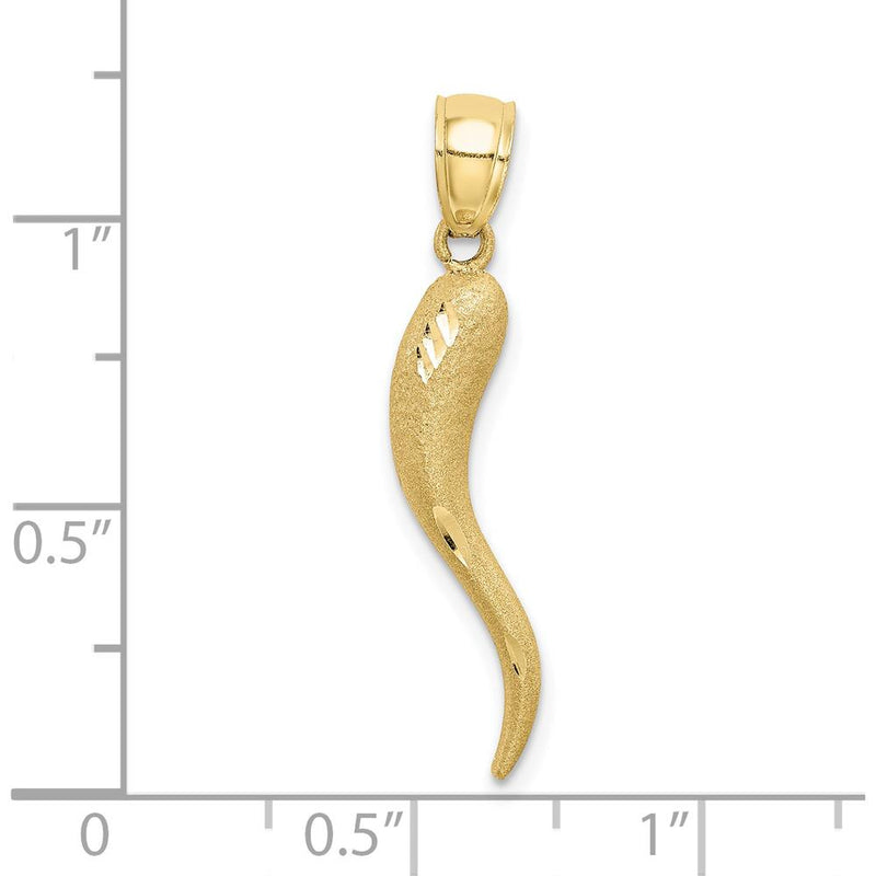 10K Yellow Gold Solid Diamond-Cut Italian Horn Pendant - 30mm Length