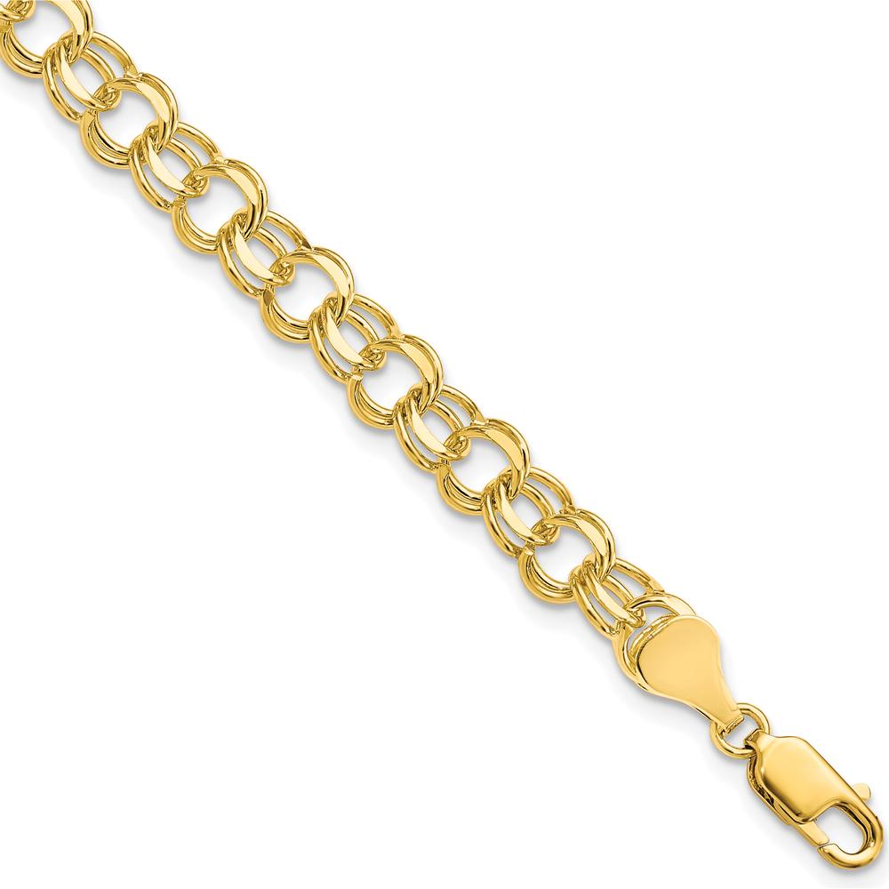 10K Yellow Gold Solid Double Link Charm Bracelet - 7" Length, 6mm Width