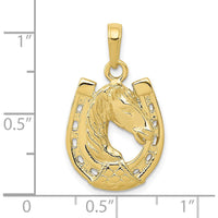 10K Yellow Gold Solid Polished Horse Head in Horseshoe Pendant