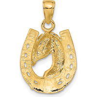 10K Yellow Gold Solid Polished Horse Head in Horseshoe Pendant