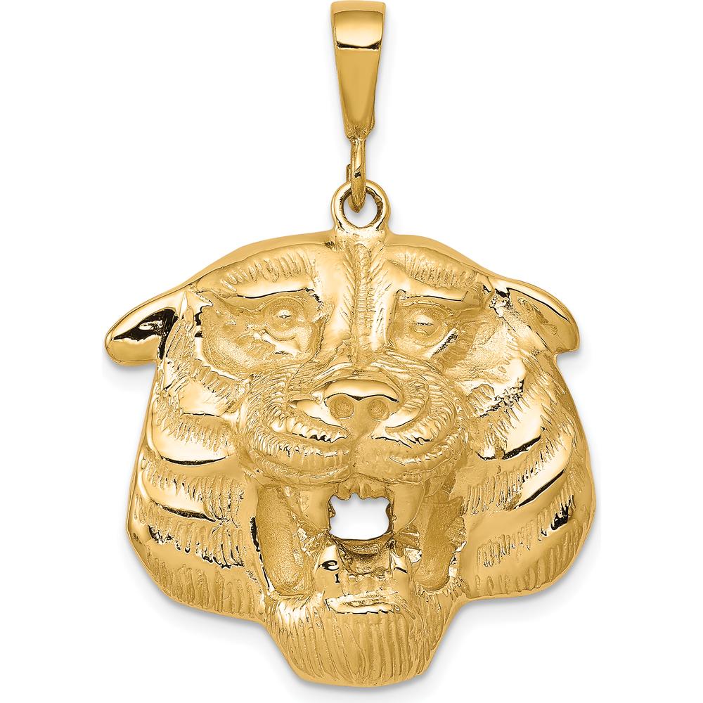 10K Yellow Gold Solid Polished Tiger Head Pendant Charm - 35mm Length