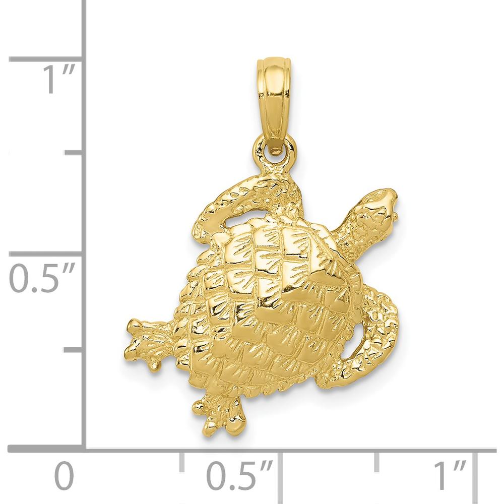 10K Yellow Gold Solid Polished Turtle Pendant with Textured Shell Design - 27mm Length
