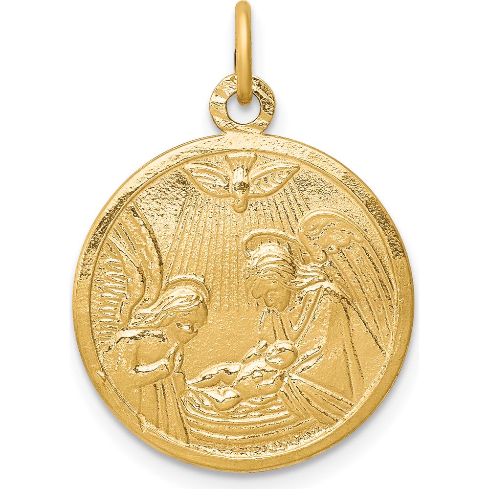 10K Yellow Gold Solid Satin Polished Baptism Disc Pendant Featuring Nativity Scene and Angel Embossing