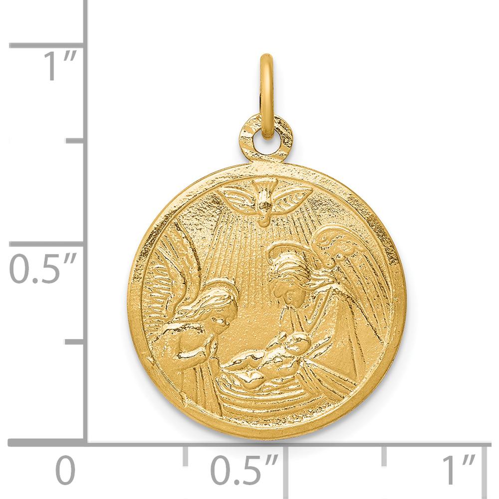 10K Yellow Gold Solid Satin Polished Baptism Disc Pendant Featuring Nativity Scene and Angel Embossing