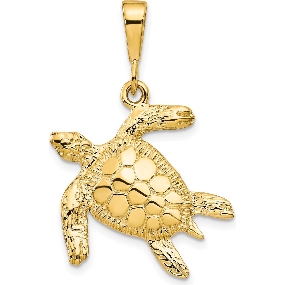 10K Yellow Gold Solid Turtle Pendant - Polished Finish, 31mm x 21mm