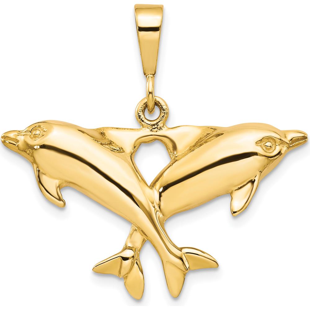 10K Yellow Gold Solid Twin Dolphins Heart-Shaped Pendant Charm