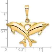 10K Yellow Gold Solid Twin Dolphins Heart-Shaped Pendant Charm