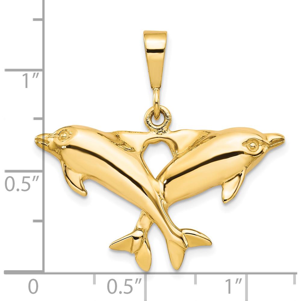10K Yellow Gold Solid Twin Dolphins Heart-Shaped Pendant Charm
