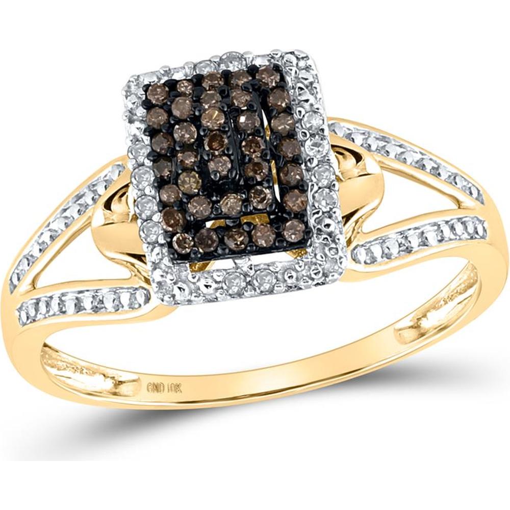 10K Yellow Gold Split Shank Ring with Prong-Set Round Brown and White Diamonds - 0.20 Carat Total Diamond Weight