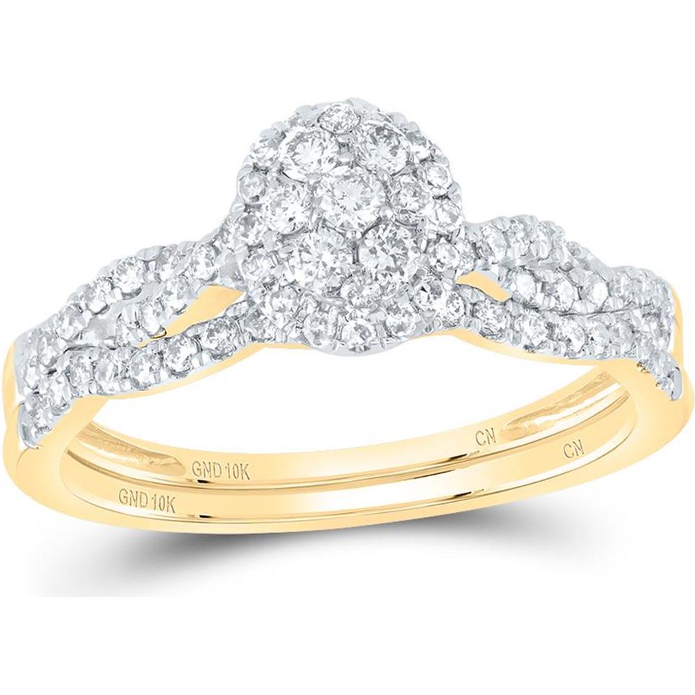 10K Yellow Gold Split Shank Round Diamond Cluster Bridal Wedding Ring Set - 1/2 Carat Total Diamond Weight