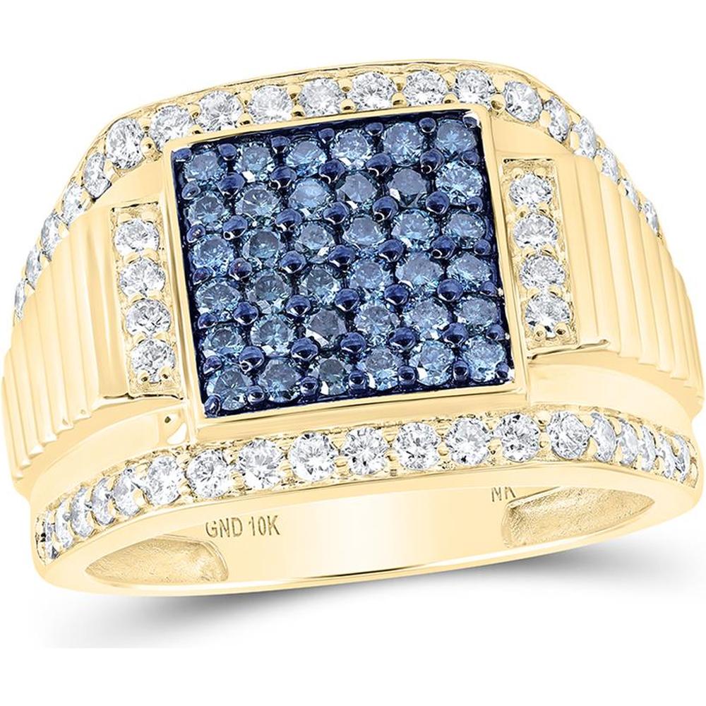 10K Yellow Gold Square Blue and White Diamond Ring - 1.64 Carat Total Diamond Weight