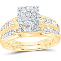 10K Yellow Gold Square Cluster and Diamond Accent Matching Wedding Ring Set - 0.50 Carat Total Diamond Weight