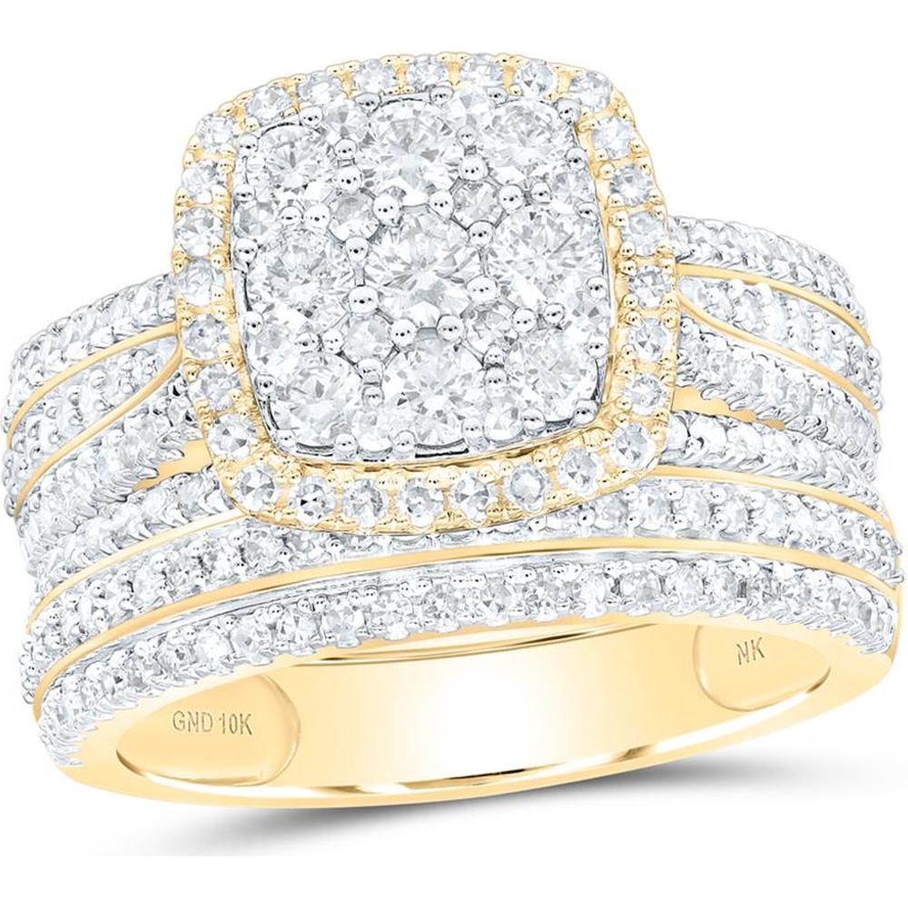 10K Yellow Gold Square Cluster Halo Bridal Wedding Ring Set with Round Diamonds - 1.50 Carat Total Diamond Weight