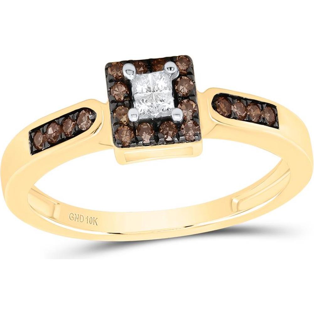 10K Yellow Gold Square Cluster Ring with 0.12 Carat Round Brown Diamonds and 0.08 Carat Princess Cut Diamonds - 0.25 Carat Total Diamond Weight