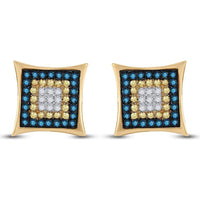 10K Yellow Gold Square Cluster Stud Earrings with Blue, Yellow & White Diamonds - 1/3 Carat Total Diamond Weight