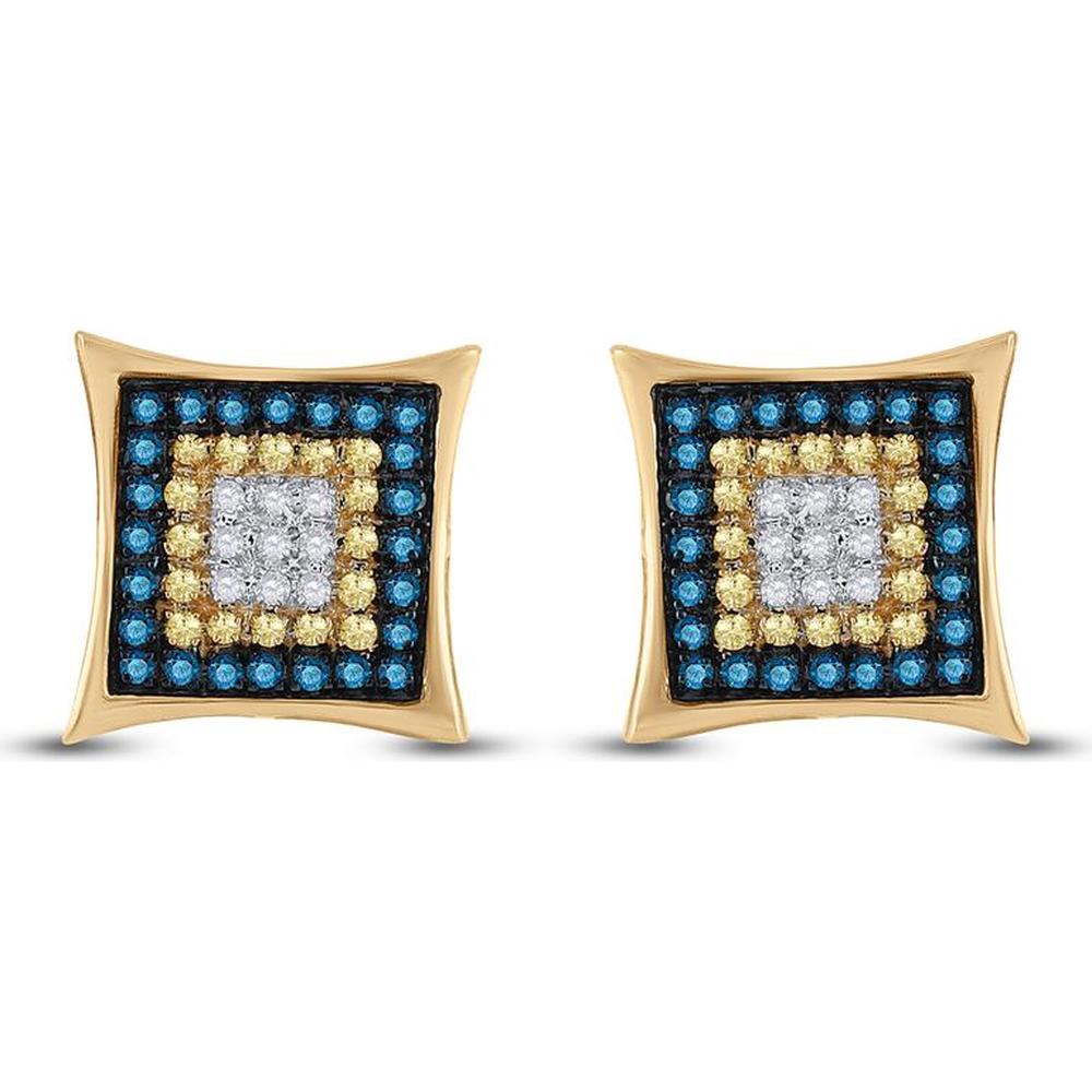 10K Yellow Gold Square Cluster Stud Earrings with Blue, Yellow & White Diamonds - 1/3 Carat Total Diamond Weight
