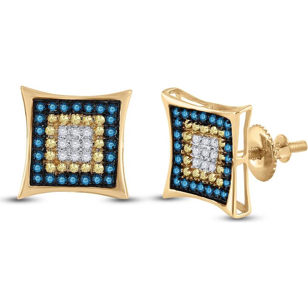 10K Yellow Gold Square Cluster Stud Earrings with Blue, Yellow & White Diamonds - 1/3 Carat Total Diamond Weight