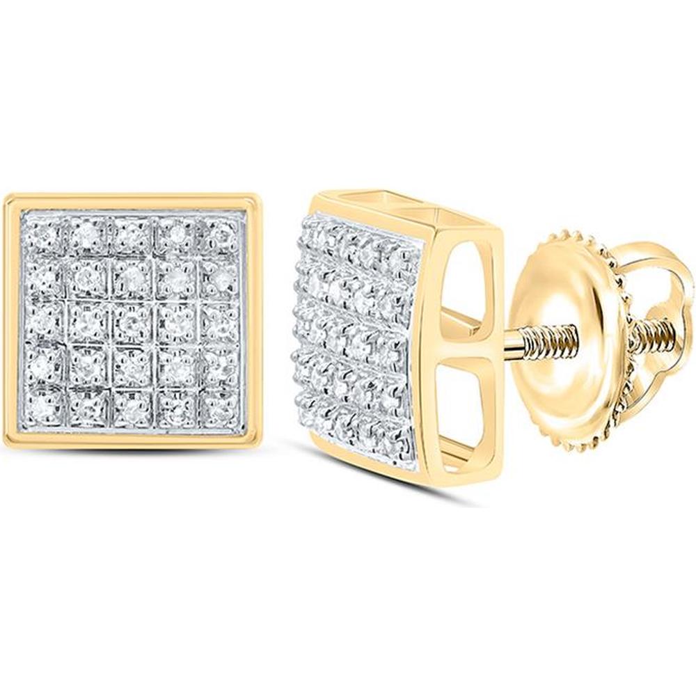 10K Yellow Gold Square Cluster Stud Earrings with Pave-Set Round Diamonds - 1/6 Carat Total Diamond Weight