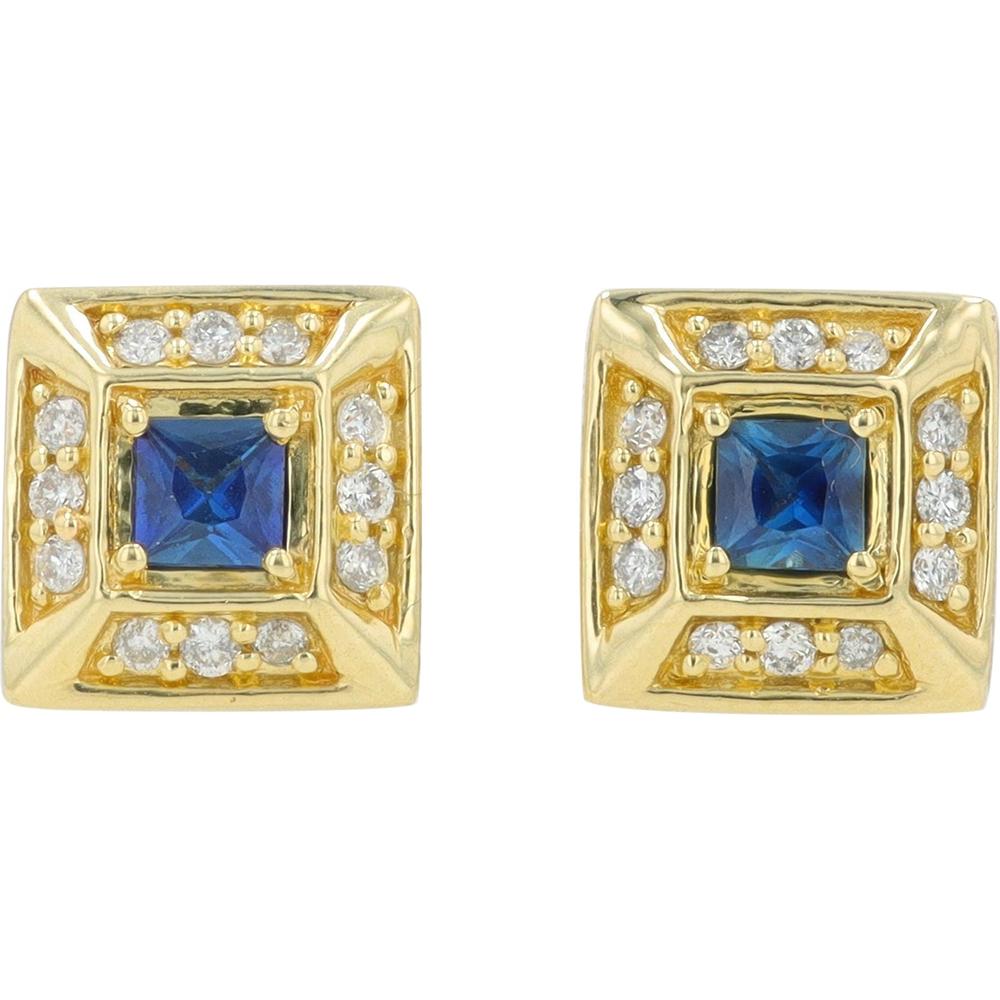 10K Yellow Gold Square - Cut Sapphire and Diamond Halo Earrings - 0.30 Carat Total Sapphire, 0.20 Carat Total Diamond