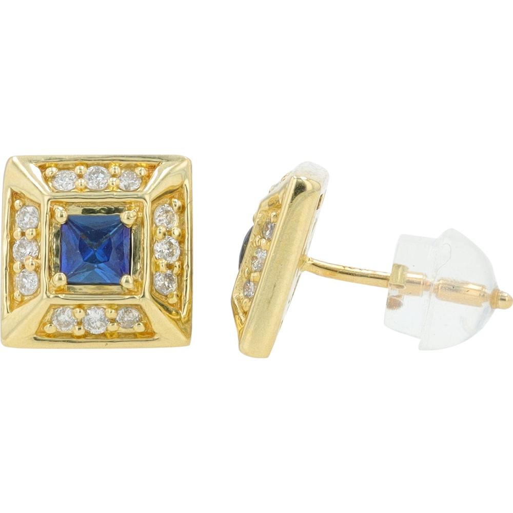 10K Yellow Gold Square - Cut Sapphire and Diamond Halo Earrings - 0.30 Carat Total Sapphire, 0.20 Carat Total Diamond