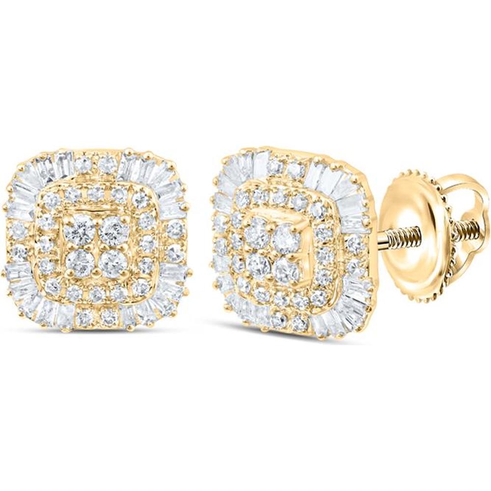 10K Yellow Gold Square Earrings with Baguette and Round Diamonds - 1/2 Carat Total Diamond Weight