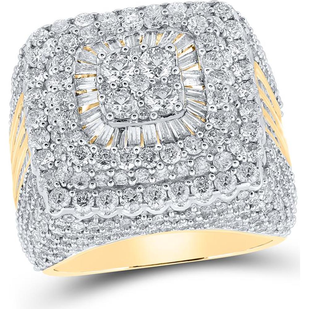 10K Yellow Gold Square Halo Ring with Baguette and Round Diamonds - 6.63 Carat Total Diamond Weight
