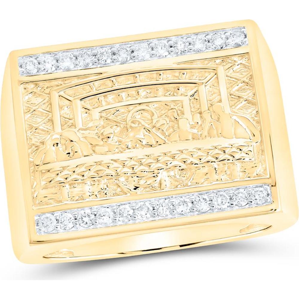 10K Yellow Gold Square Last Supper Ring with Prong-Set Round Diamonds - 0.33 Carat Total Diamond Weight