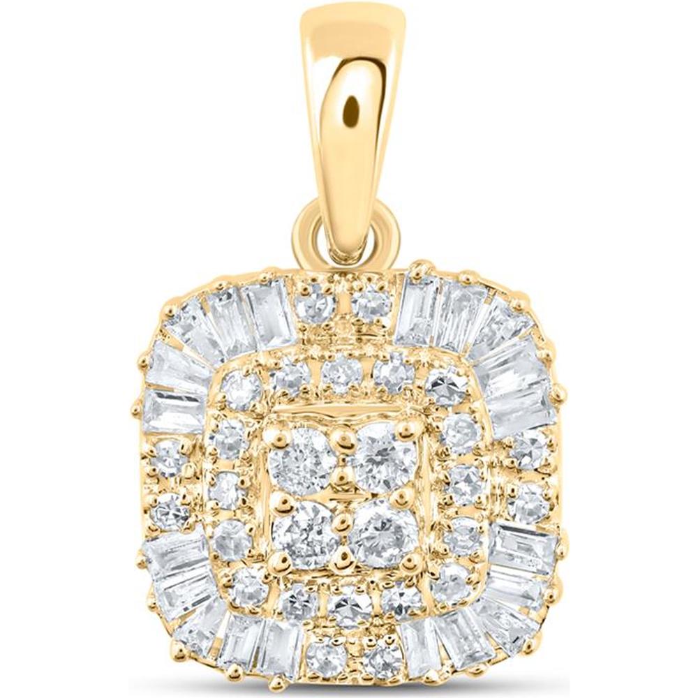10K Yellow Gold Square Pendant with Baguette and Round Diamonds - 1/4 Carat Total Diamond Weight