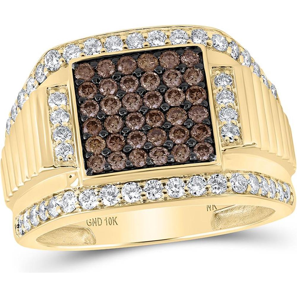 10K Yellow Gold Square Ring with Prong-Set Round Brown and White Diamonds - 1.63 Carat Total Diamond Weight