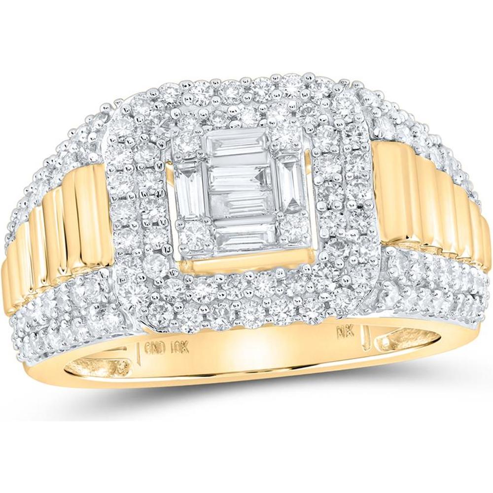 10K Yellow Gold Square Ring with Round and Baguette Diamonds - 1.55 Carat Total Diamond Weight