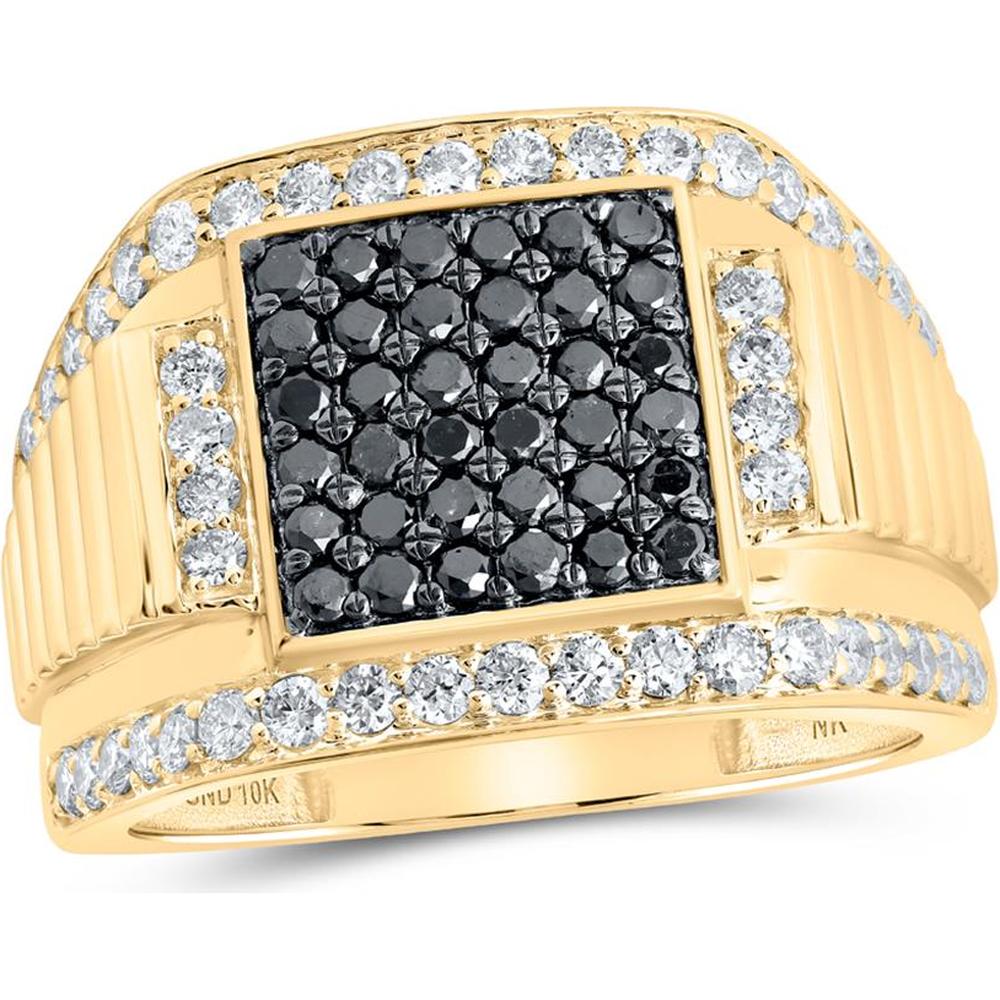 10K Yellow Gold Square Ring with Round Black and White Diamonds - 1.62 Carat Total Diamond Weight