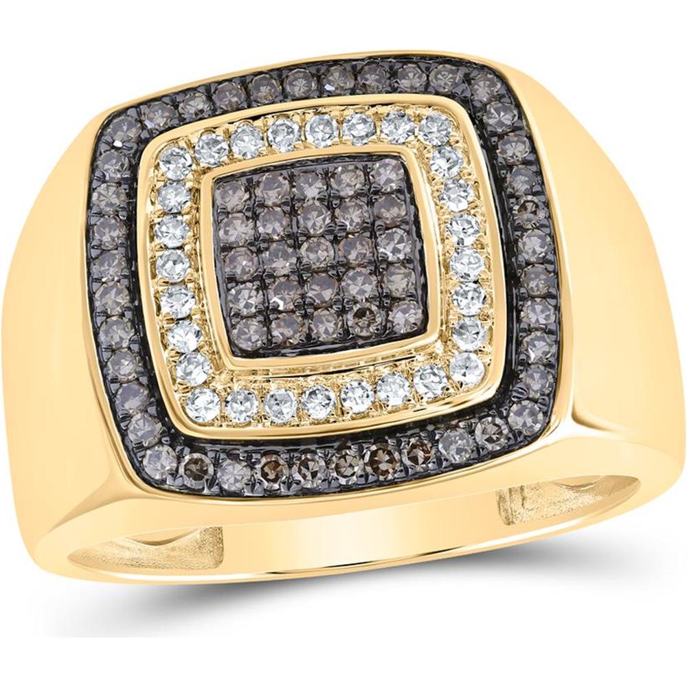 10K Yellow Gold Square Ring with Round Brown and White Diamonds - 3/4 Carat Total Diamond Weight