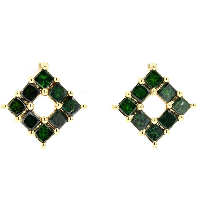 10K Yellow Gold Square Stud Earrings with Treated Green Diamonds - 0.70 Carats Total Diamond Weight