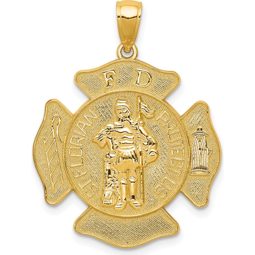 10K Yellow Gold St. Florian Protect Us Fire Department Pendant - 34mm Length, 23.5mm Width