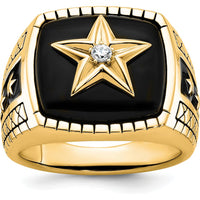 10K Yellow Gold Star Design Men's Ring with Diamond Accent and Black Enamel Finish by IBGoodman