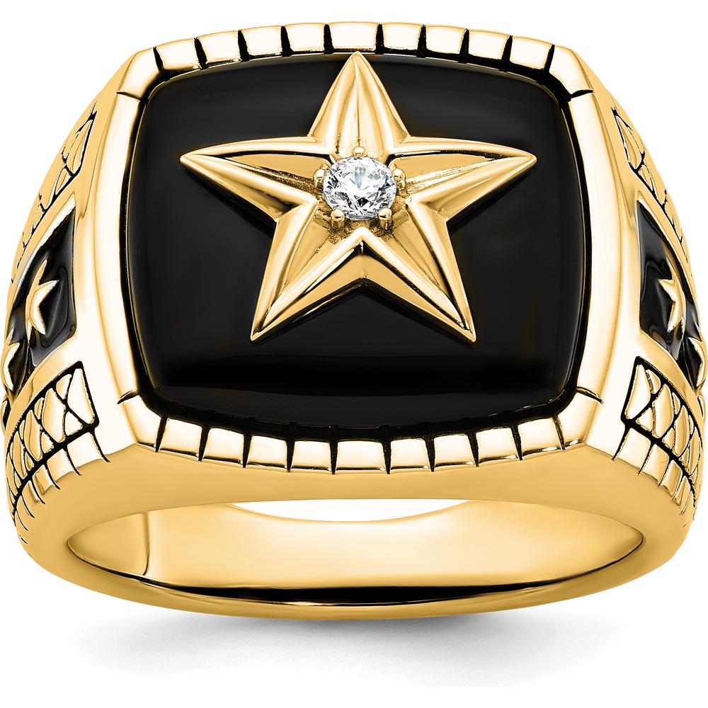10K Yellow Gold Star Design Men's Ring with Diamond Accent and Black Enamel Finish by IBGoodman